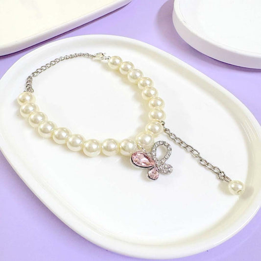 Pink Butterfly  Pearl SIlver Bracelet