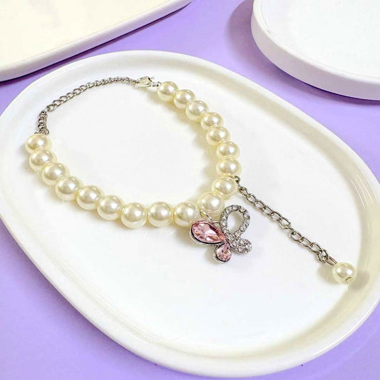 Pink Butterfly  Pearl SIlver Bracelet