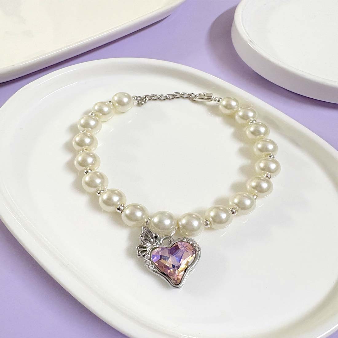 Pink Heart Pearl SIlver Bracelet