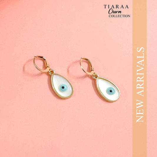 White Evil Eye Drop Golden Earrings
