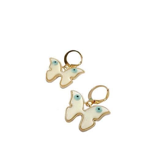 White  Butterfly Evil Eye Drop Golden Earrings