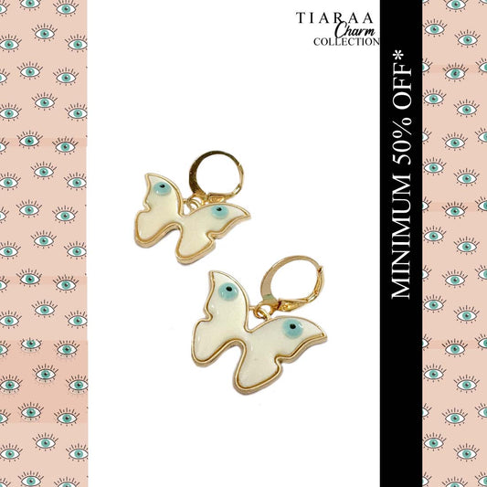 White  Butterfly Evil Eye Drop Golden Earrings