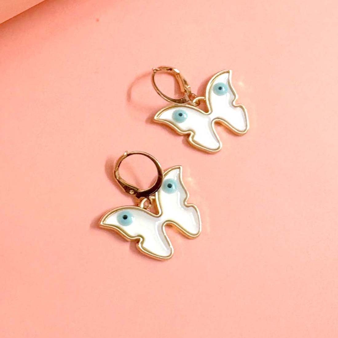 White  Butterfly Evil Eye Drop Golden Earrings
