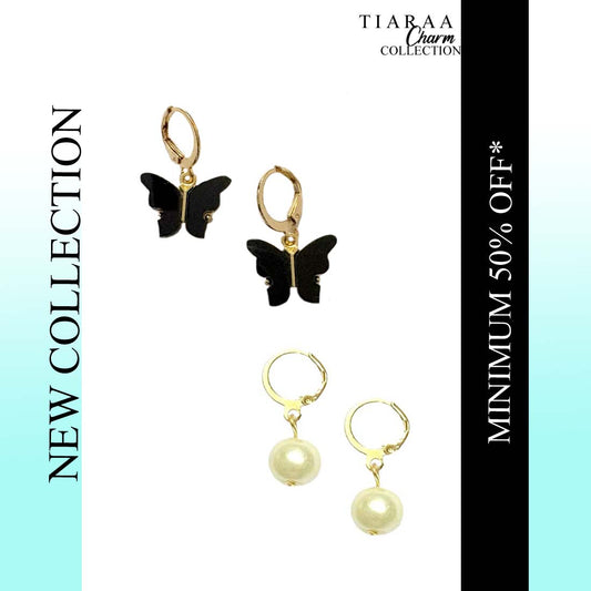 Black Butterfly Pearl Golden Earrings Combo Set