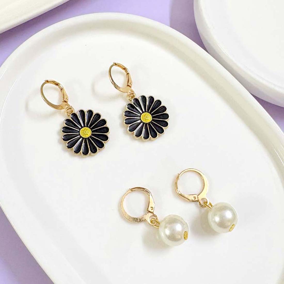 Black Daisy Charm Earrings Combo (Set of 2)