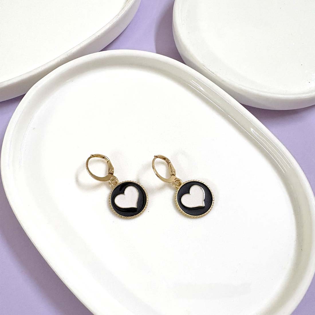 Black White Heart Charm Earrings