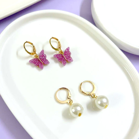 Magenta Butterfly Golden Combo Earrings (Set of 2)