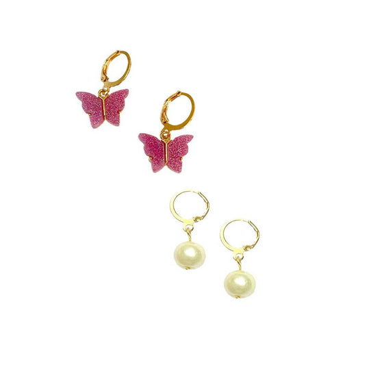 Magenta Butterfly Golden Combo Earrings (Set of 2)