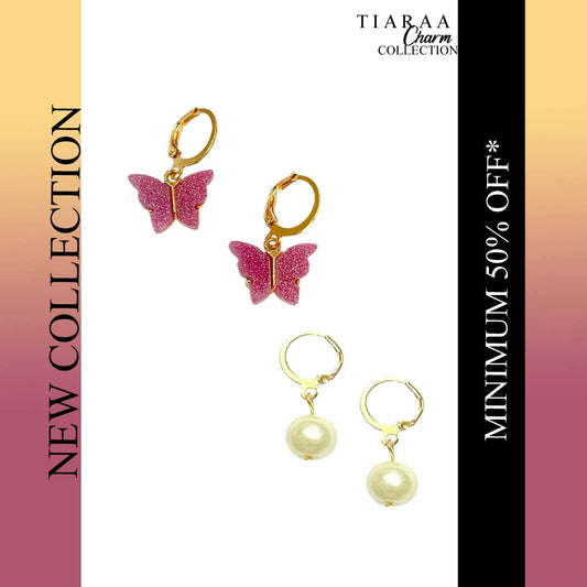 Magenta Butterfly Golden Combo Earrings (Set of 2)
