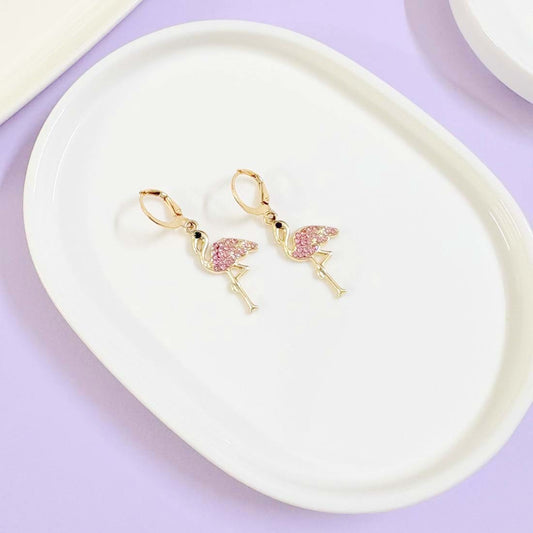 Pink Flamingo Golden Charm Earrings