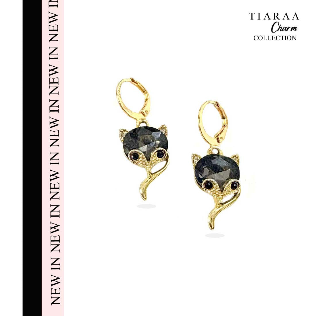 Black Cat Stone Golden Charm Earrings