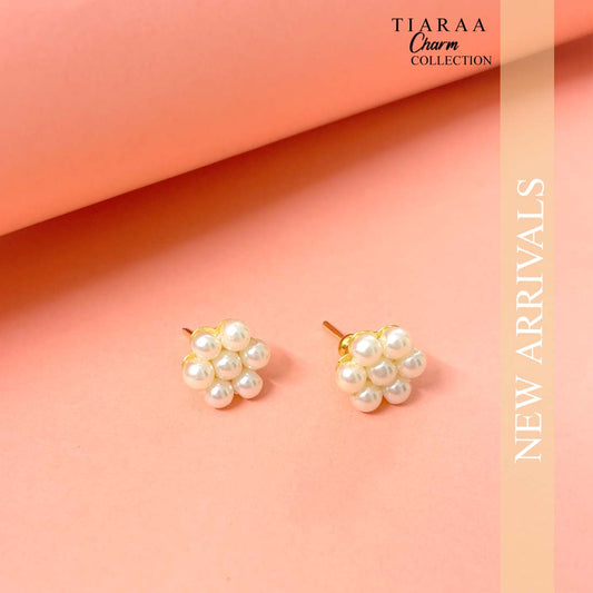 White Pearl Floral Golden Stud Earrings