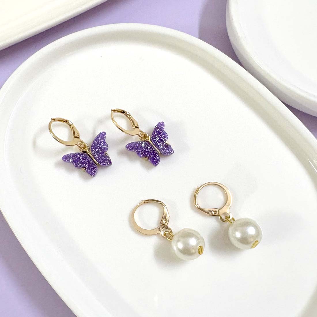 Purple Butterfly Golden Combo Earrings (Set of 2)