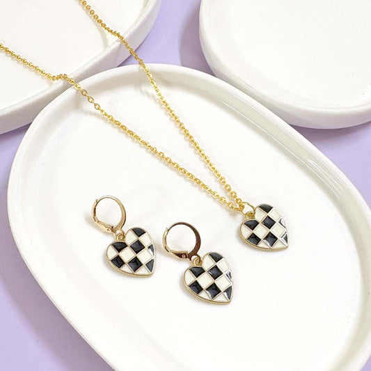 Heart Checked Pendant Charm Necklace