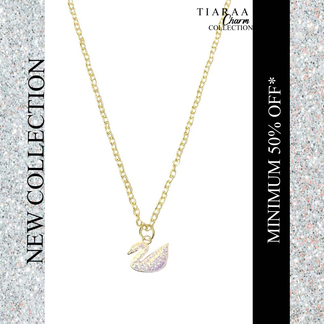 White Glitter  Swan Golden Charm Necklace