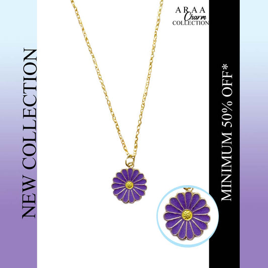 Purple Golden Daisy Pendant Charm Necklace