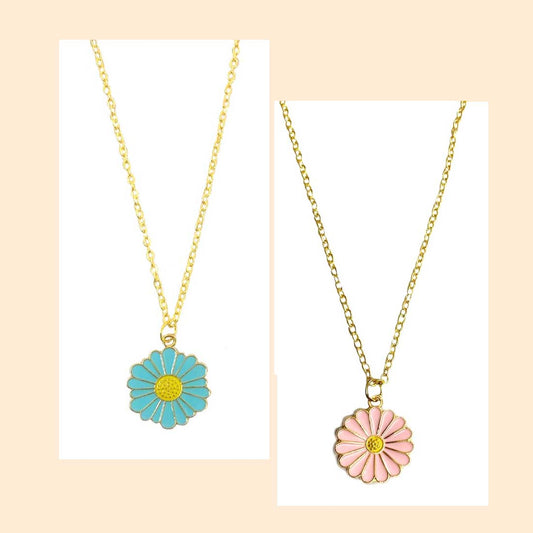 Blue Pink Daisy Pendant Earrings Combo Set