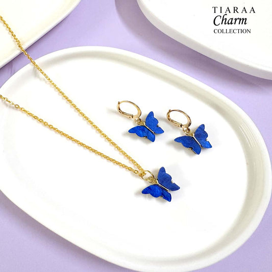 Blue Butterfly Charm Pendant Earrings Combo Set