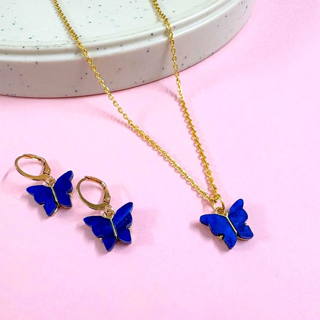 Blue Butterfly Charm Pendant Earrings Combo Set