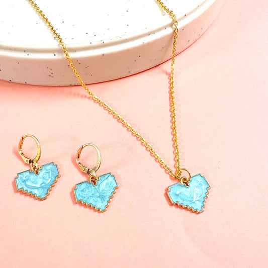Blue Heart Charm Pendant Earrings Combo Set