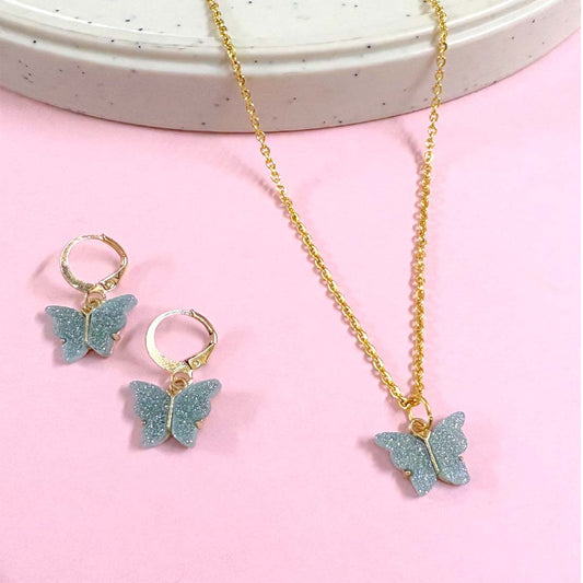 Green Glitter Butterfly Charm Pendant Earrings Combo Set