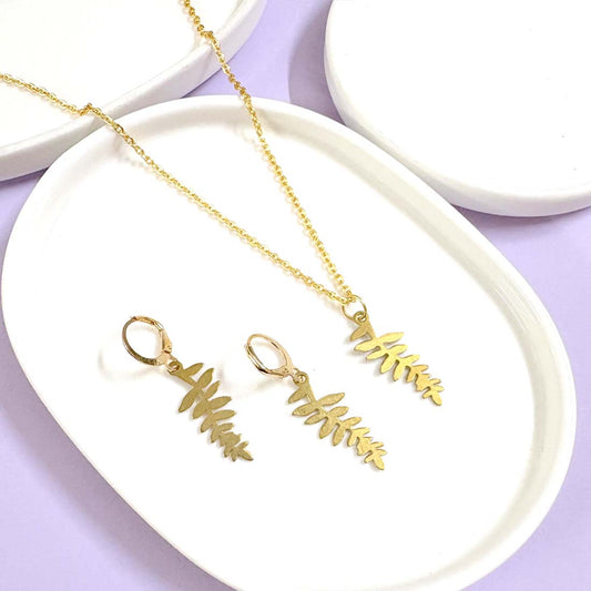 Golden Leaf Pendant Charm Necklace Set