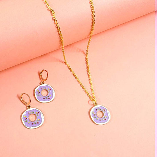 Purple Donut Pendant Charm Necklace Set