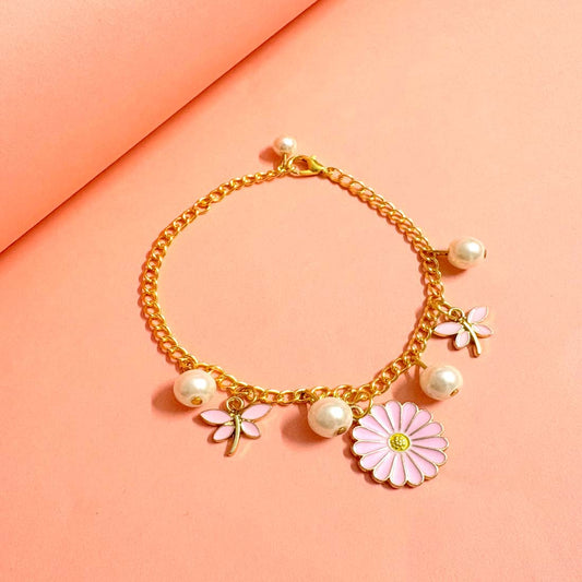 Pink Daisy Butterfly  Imitation Pearl Charm Bracelet
