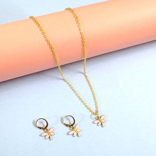 Pink Butterfly Pendant Charm Necklace Set