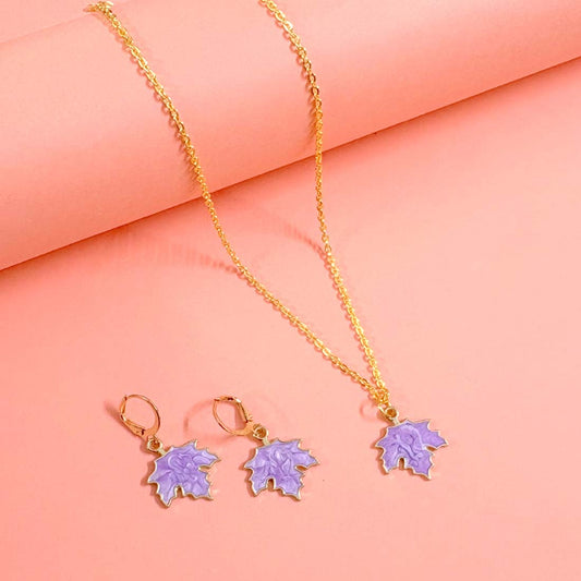 Purple Leaf Pendant Charm Necklace Set