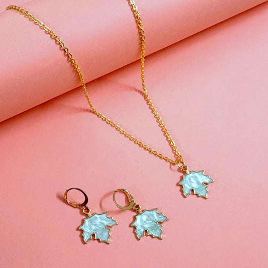 Blue Leaf Pendant Charm Necklace Set