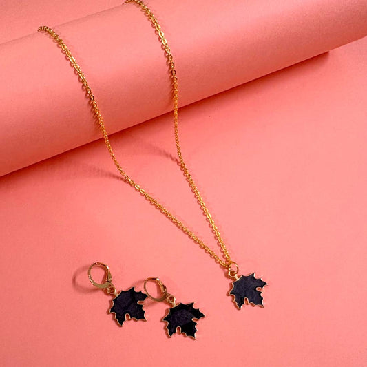 Black Leaf Pendant Charm Necklace Set