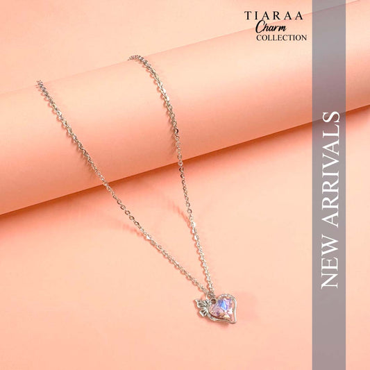 Pink Crystal heart Silver Charm Necklace