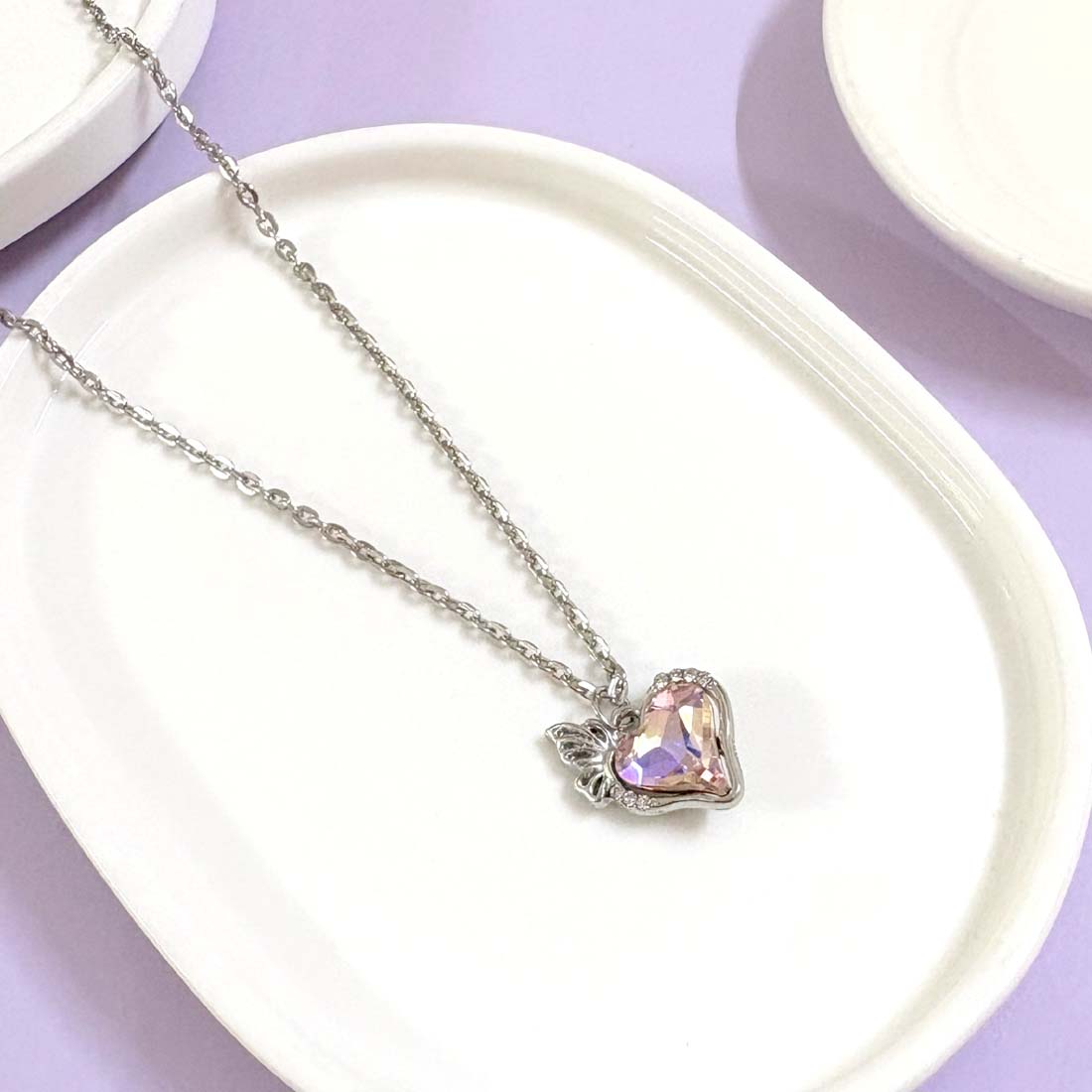Pink Crystal heart Silver Charm Necklace