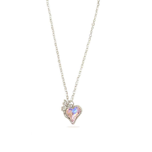 Pink Crystal heart Silver Charm Necklace