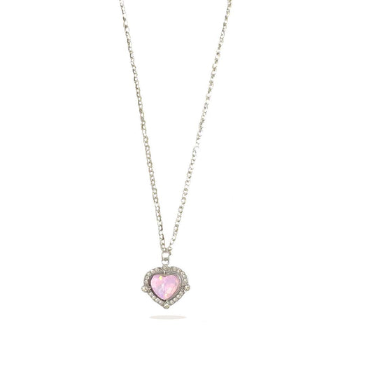 Pink Crystal heart Silver Charm Necklace