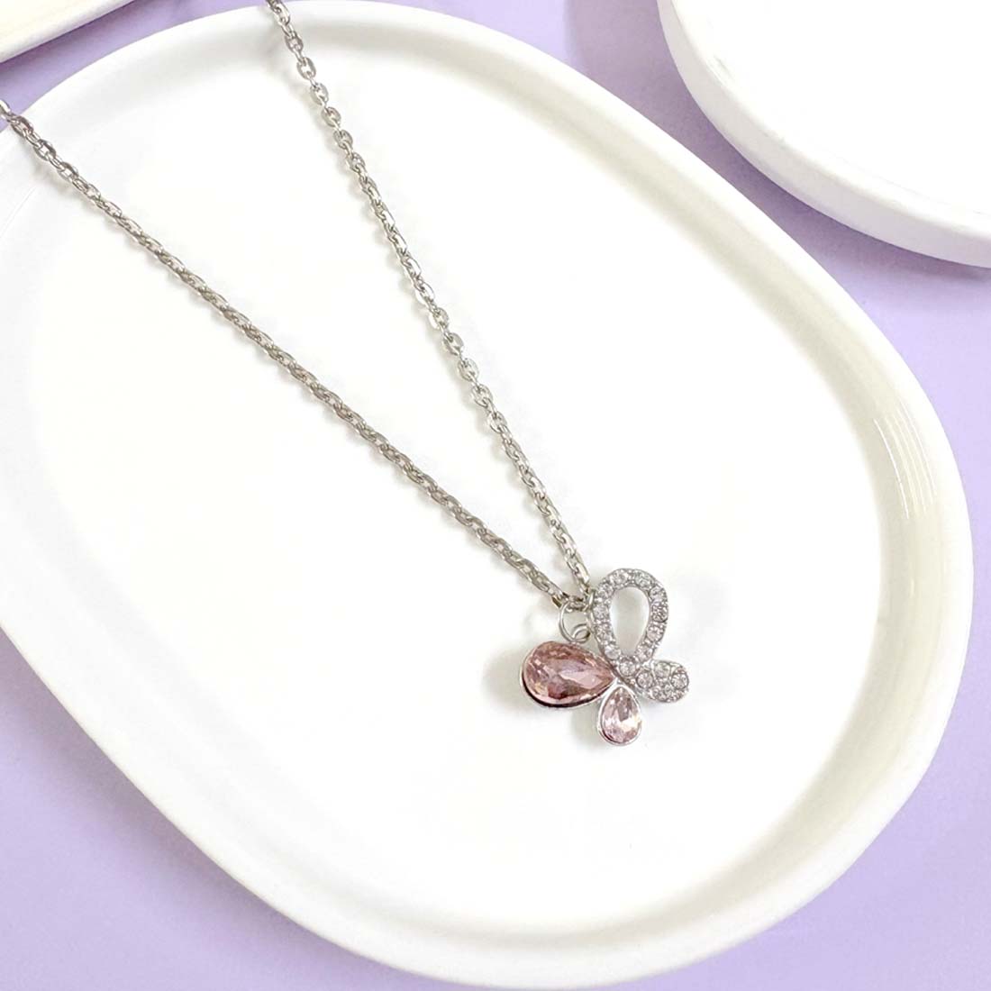 Pink Butterfly Pendant Silver Charm Necklace