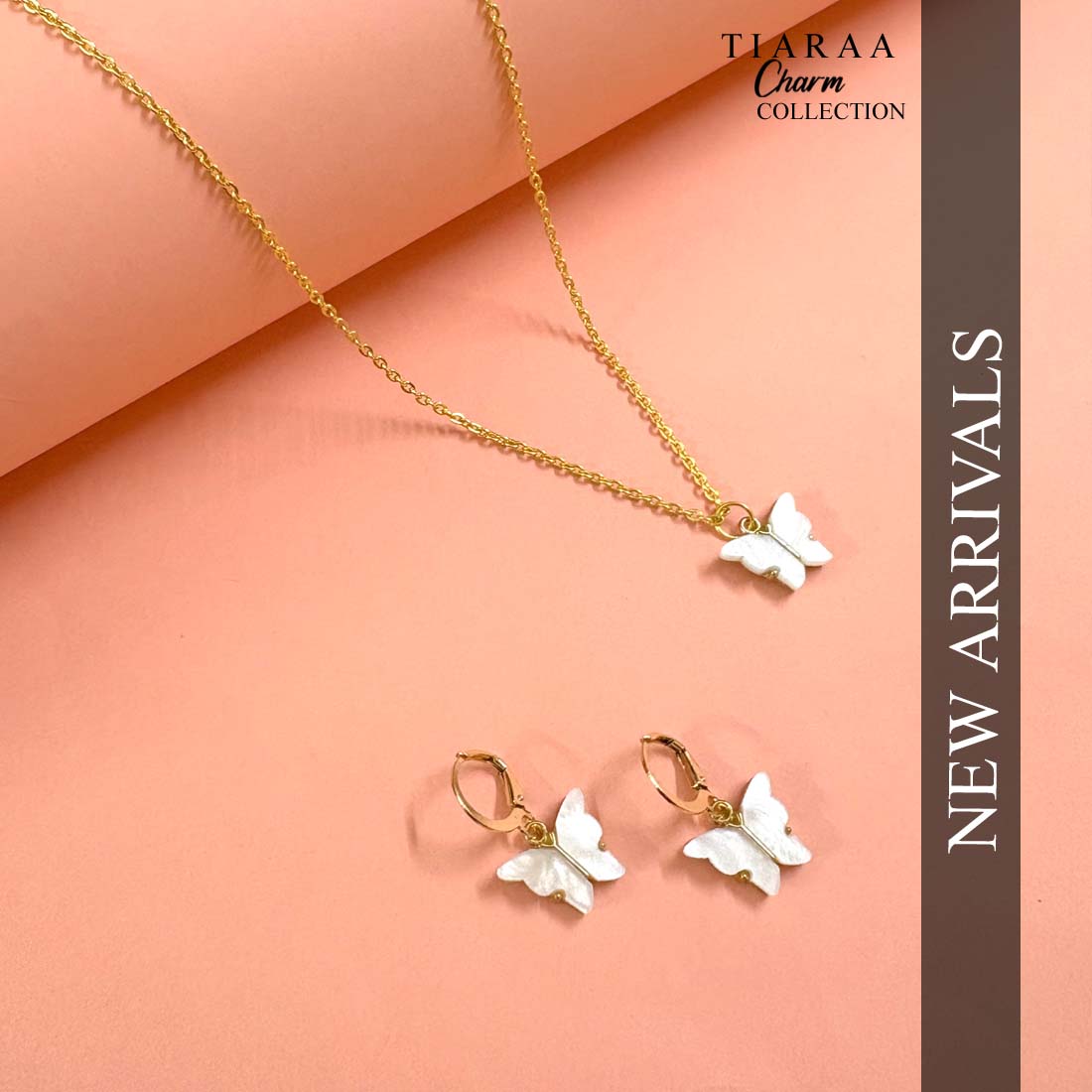 White Butterfly Pendant Charm Necklace Set