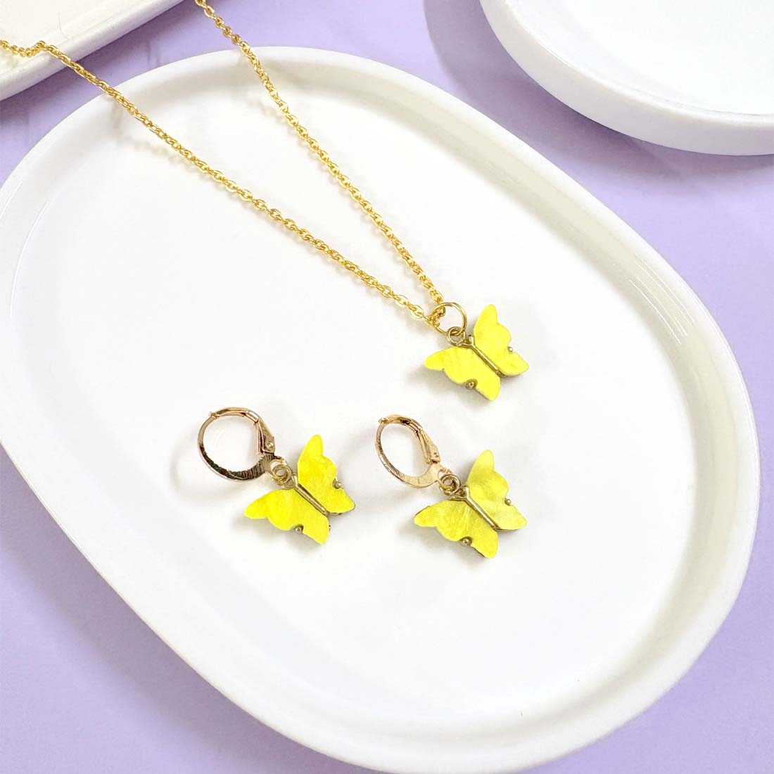 Yellow Butterfly Pendant Charm Necklace Set
