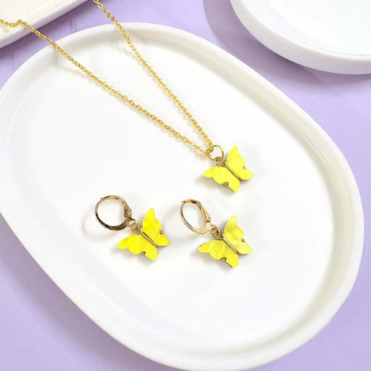 Yellow Butterfly Pendant Charm Necklace Set