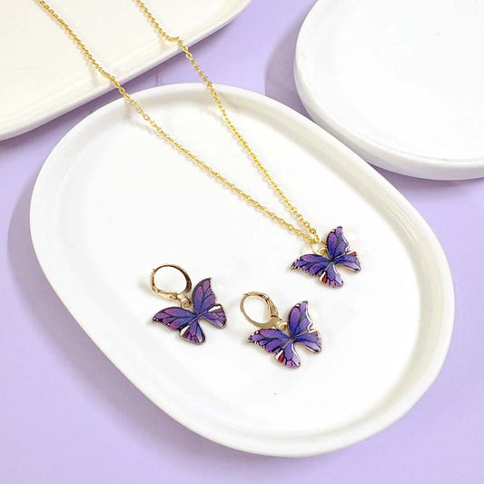 Purple Multi Charm Pendant Earrings Combo Set