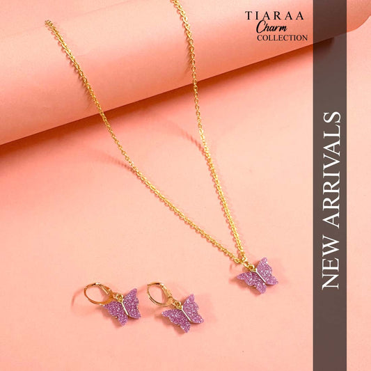 Magenta Butterfly Pendant Charm Necklace Set