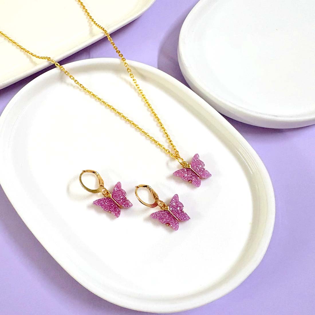 Magenta Butterfly Pendant Charm Necklace Set