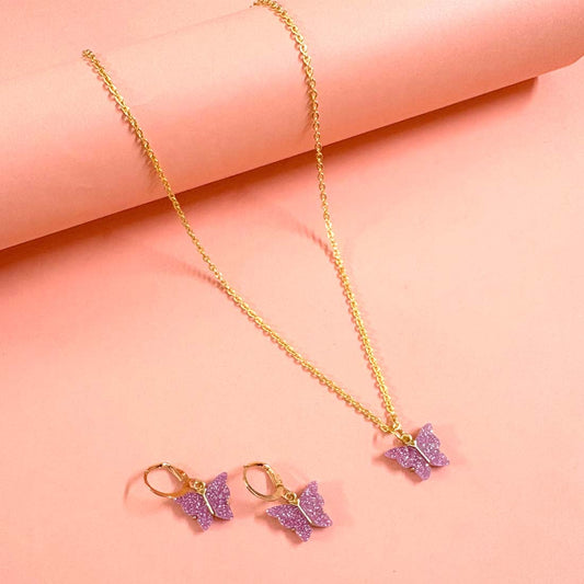 Magenta Butterfly Pendant Charm Necklace Set