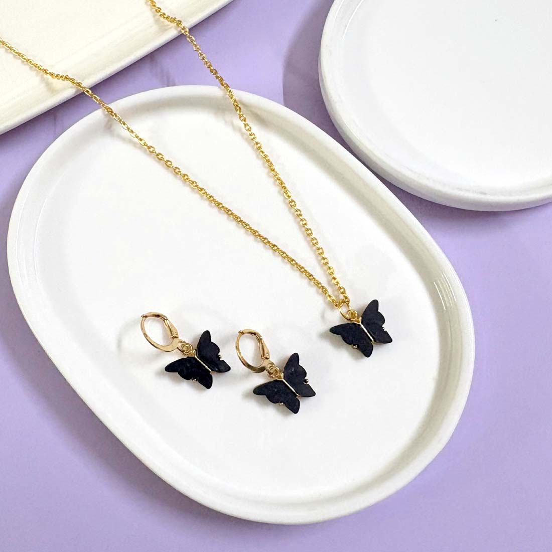 Black Butterfly Charm Necklace Set