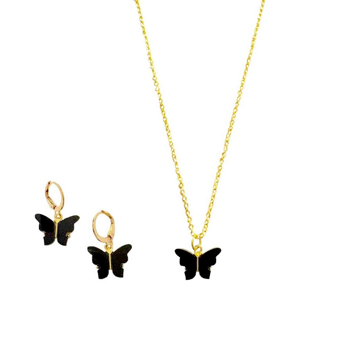 Black Butterfly Charm Necklace Set