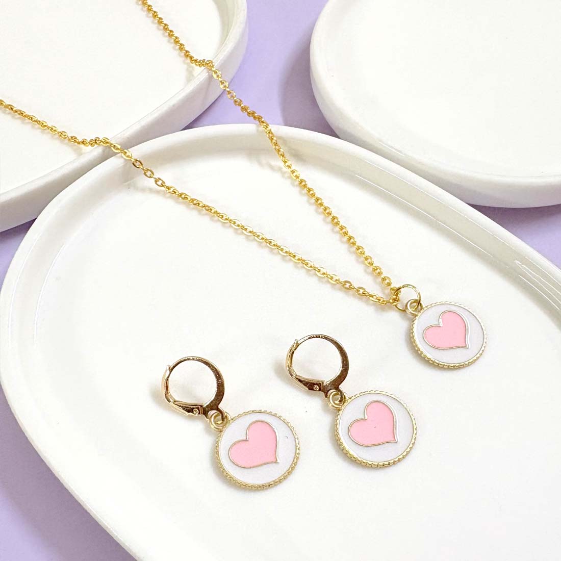 Pink Heart Pendant Charm Necklace Set