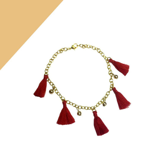 Red Tassel Alloy Gold Tone Bead Anklet