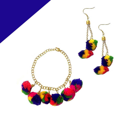 Multicolor Boho Pom Pom Chic Fringe Charm Bracelet Earrings Set