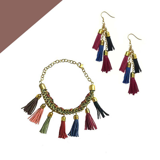 Multicolor Tassel Boho Chic Fringe Charm Bracelet Earrings Set